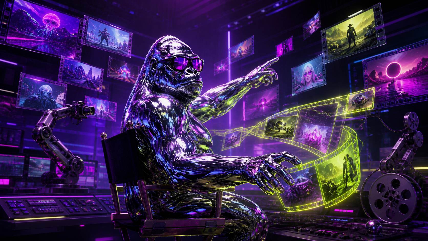 Chrome gorilla directing an AI video swarm