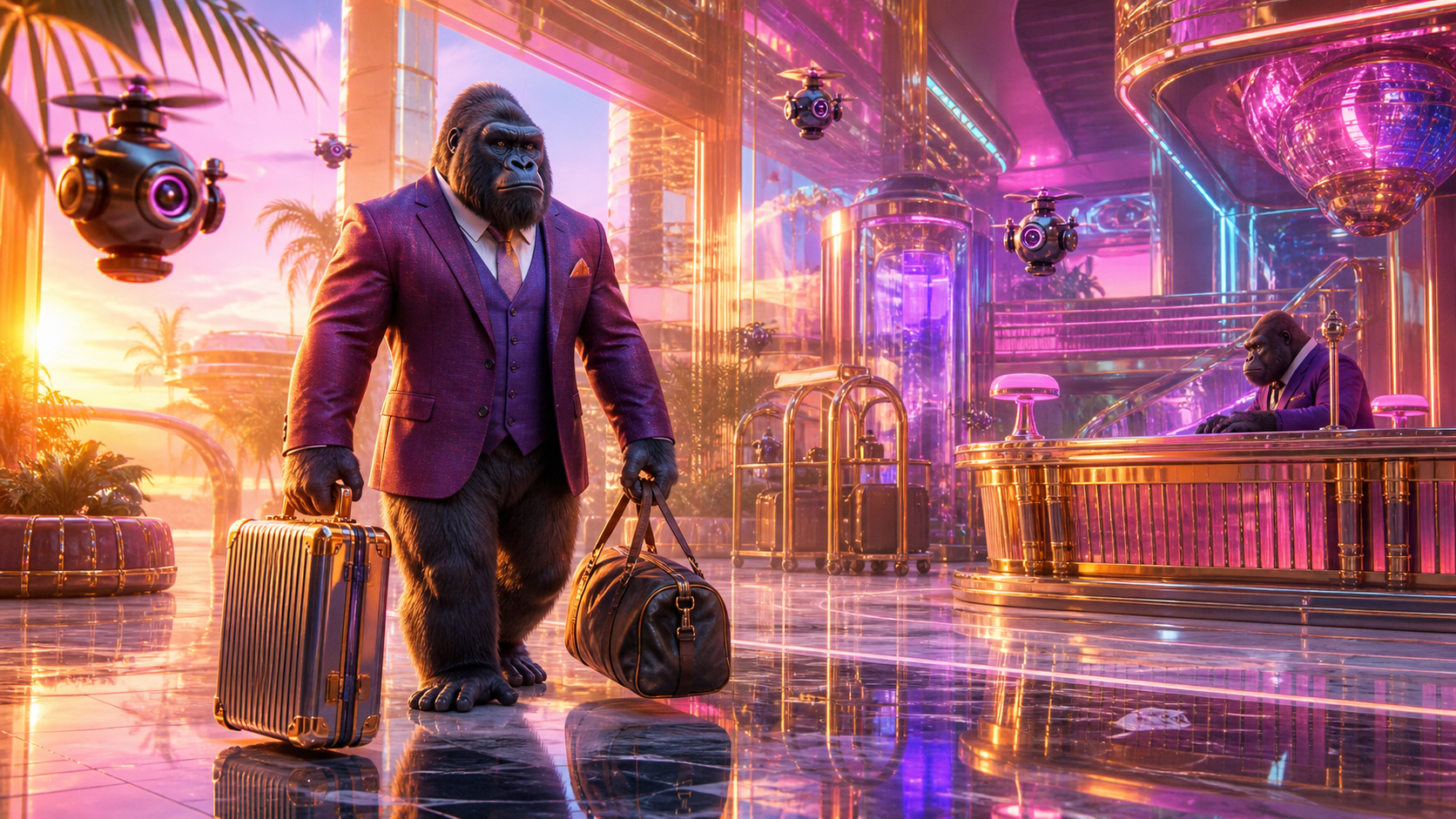 Gorilla arriving at a futuristic luxury hotel