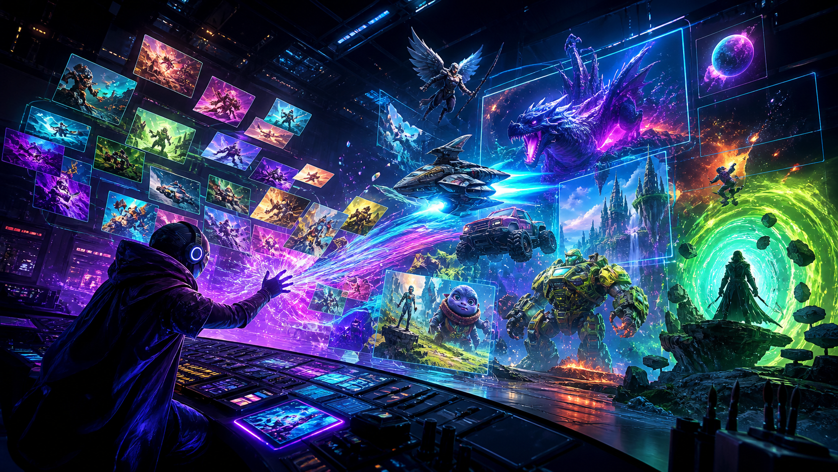 Creator controlling a universe of AI-generated scenes